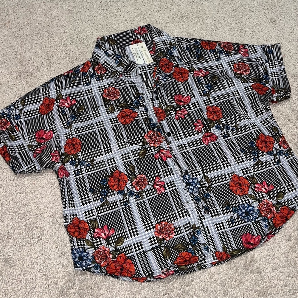 Floral and Plaid Houndstooth Print Button Front Top